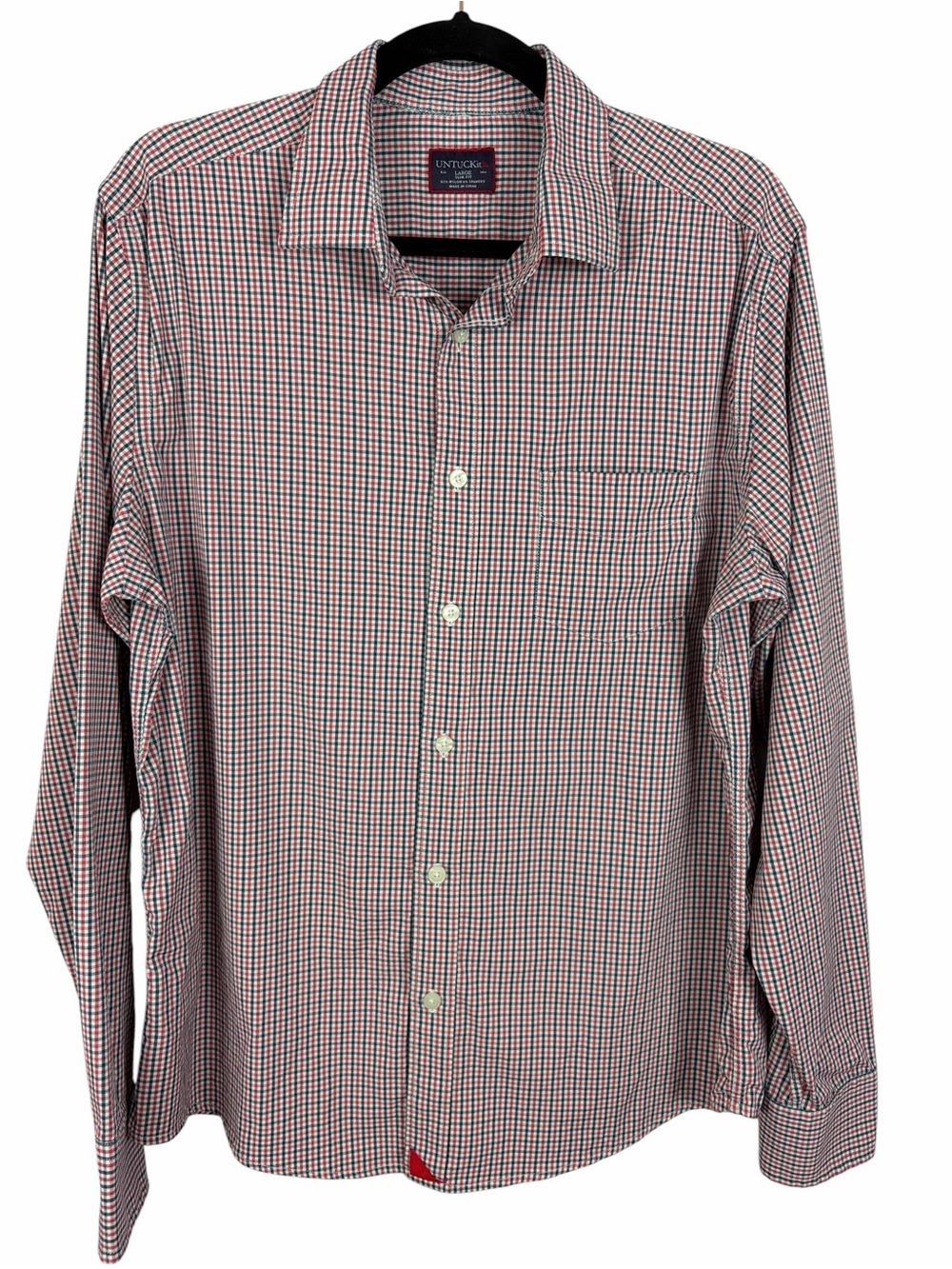 UNTUCKit Men’s Large Slim Fit Red Blue Gingham Check Stretch Button Up Shirt